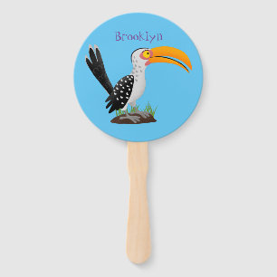 Funny yellow billed hornbill safari bird cartoon hand fan