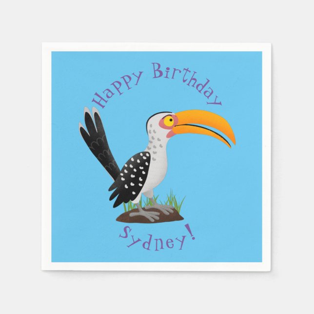 Funny yellow billed hornbill safari bird cartoon napkin (Front)