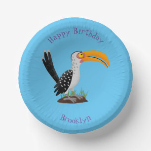 Funny yellow billed hornbill safari bird cartoon paper plate