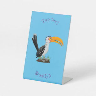 Funny yellow billed hornbill safari bird cartoon pedestal sign