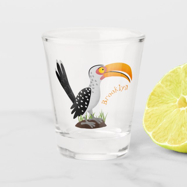Funny yellow billed hornbill safari bird cartoon shot glass (Front)