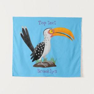 Funny yellow billed hornbill safari bird cartoon tapestry