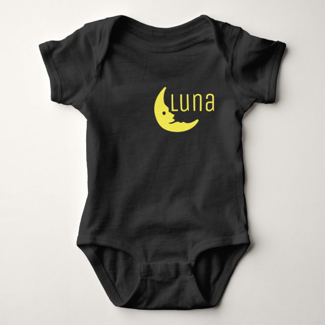 Funny Yellow Black Half Moon Luna Typography Baby Bodysuit (Front)