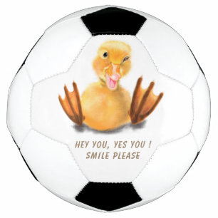 Funny Yellow Duck Playful Wink Happy Smile Cartoon Soccer Ball