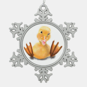 Funny Yellow Duck Playful Wink Smile - Be Happy Snowflake Pewter Christmas Ornament