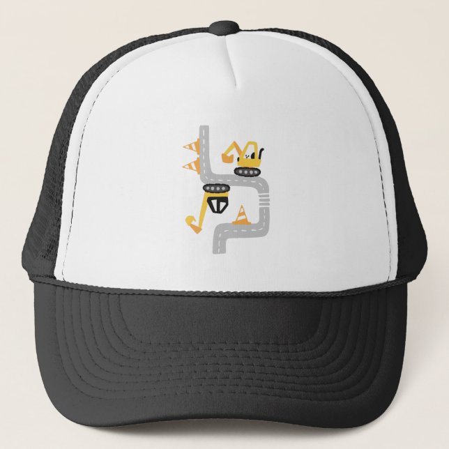 Funny Yellow Excavators Kids Design Trucker Hat (Front)