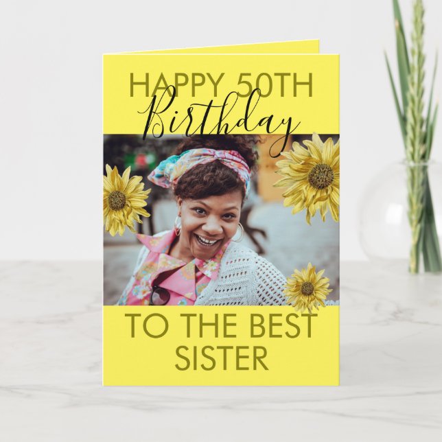 Funny Yellow Floral Photo Sister 50th Birthday Card (Front)