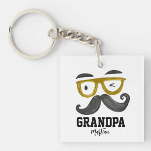 Funny Yellow Glasses & Mustache Grandpa Custom Key Ring