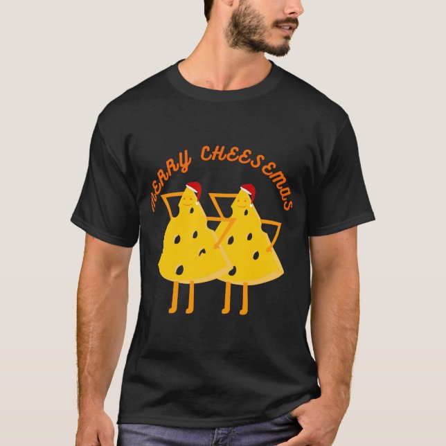 Funny Yellow Merry Cheesemas with Xmas Hats T-Shirt (Front)