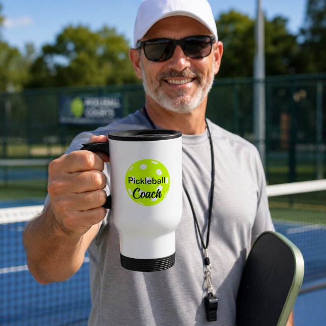 Funny Yellow Pickleball Coach Text Design Travel Mug (Creator Uploaded)