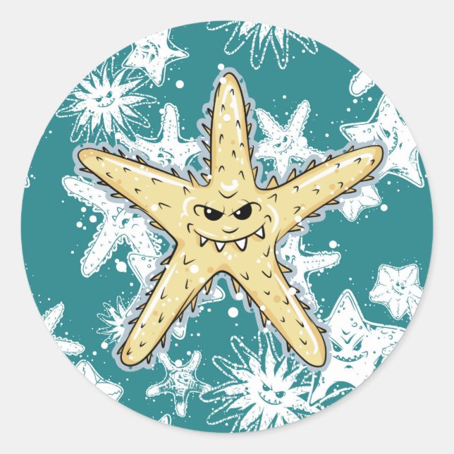 Funny yellow pointed Starfish with a smirk Classic Round Sticker (Front)