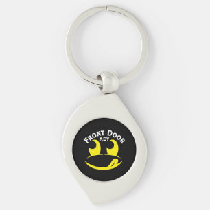 Funny Yellow Smiley Face Out on Black Metal Key Ring