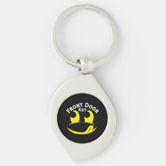Funny Yellow Smiley Face Out on Black Metal Key Ring