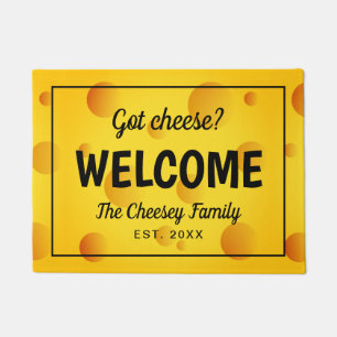 Funny yellow swiss cheese family welcome doormat