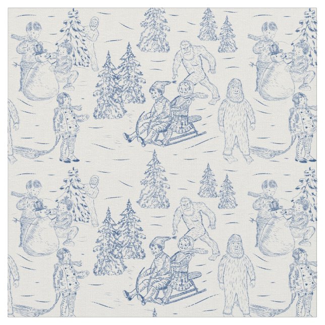 Funny Yeti Monsters Antique Winter Toile Pattern Fabric (Close Up)