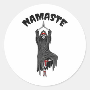 Funny Yoga Namaste Halloween Skeleton Reaper Tree  Classic Round Sticker