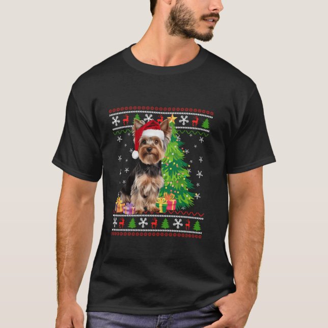 Funny Yorkie Dog Christmas Tree Santa Hat Dog Love T-Shirt (Front)