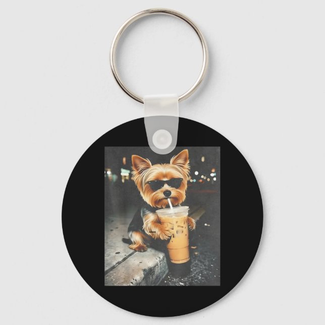 Funny Yorkie Drinking Iced Coffee Cute Dog Meme Key Ring (Front)