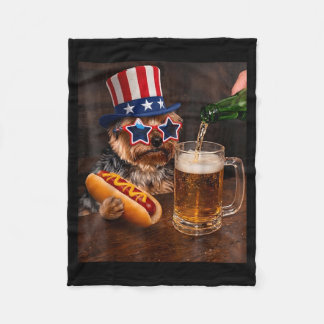 Funny Yorkie Meme Drinking Beer Hotdog 250th Fleece Blanket