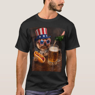 Funny Yorkie Meme Drinking Beer Hotdog 250th T-Shirt