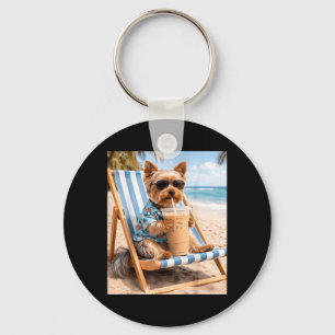 Funny Yorkie Sungles Drinking Iced Coffee Dog Meme Key Ring