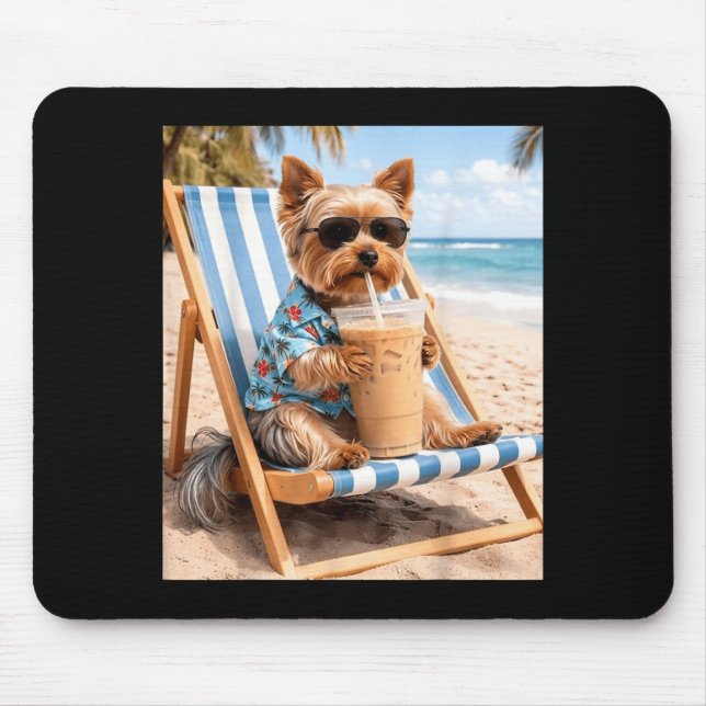 Funny Yorkie Sungles Drinking Iced Coffee Dog Meme Mouse Pad (Front)