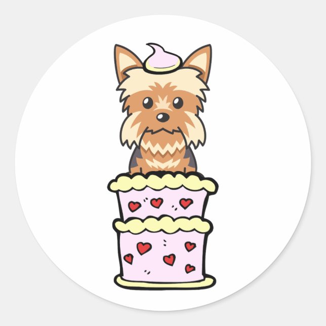 Funny yorkshire terrier jumping out of a cake classic round sticker (Front)