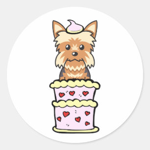 Funny yorkshire terrier jumping out of a cake classic round sticker