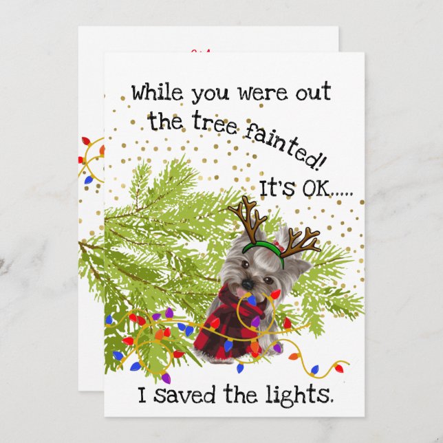 Funny Yorkshire Terrier Saved the Lights Christmas Holiday Card (Front/Back)