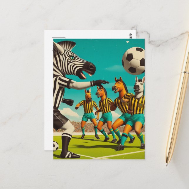 Funny Zebra and Horse Soccer Game Postcard (Front/Back In Situ)