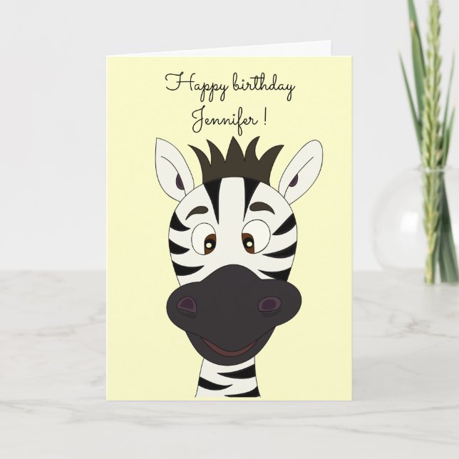 Funny zebra cartoon yellow kids birthday card (Front)