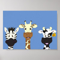 Funny zebra giraffe cow cartoon kids poster