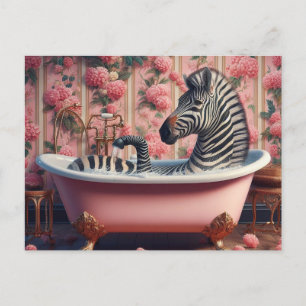 Funny Zebra in a Bathtub Pink Floral Bathroom Postcard