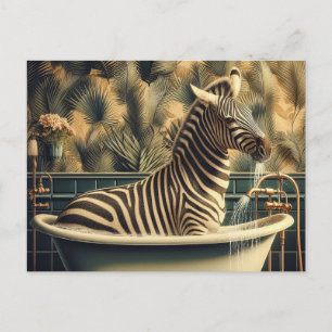 Funny Zebra in a Bathtub Tropical Bathroom Postcard
