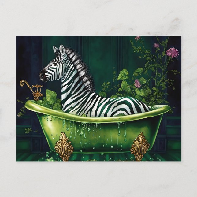 Funny Zebra in a Green Bathtub Postcard (Front)