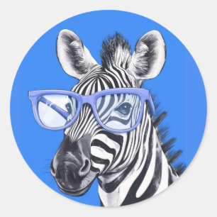 Funny Zebra with Blue Glasses   Cute Classic Round Sticker