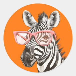 Funny Zebra with Orange Glasses Cute Classic Round Sticker