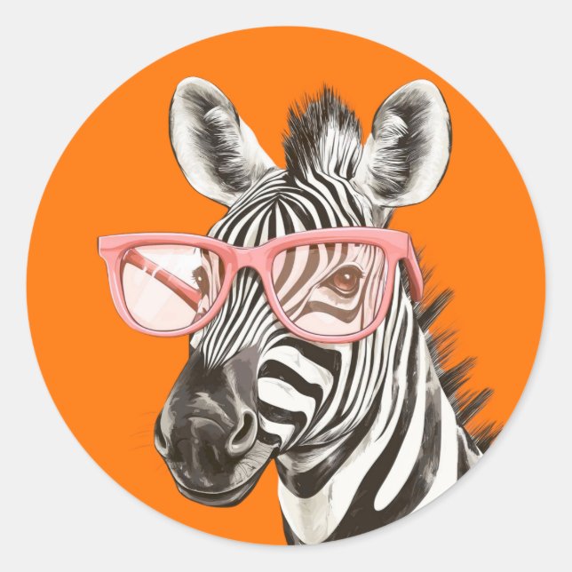 Funny Zebra with Orange Glasses | Cute Classic Round Sticker (Front)