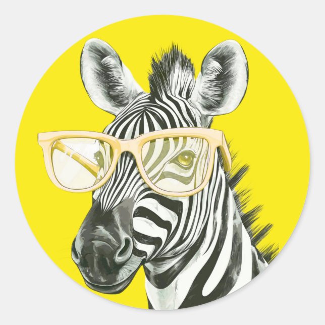 Funny Zebra with Yellow Glasses | Cute Classic Round Sticker (Front)