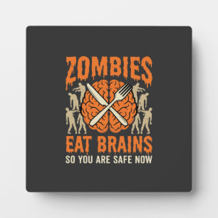 Funny Zombie Eat Brains Halloween Vector Design Plaque