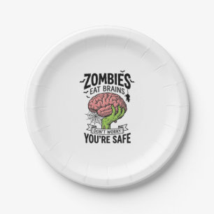 Funny Zombie Eat Brains You’re Safe Halloween Desi Paper Plate