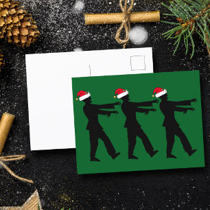 Funny Zombie in Santa Hats Green Christmas Postcard