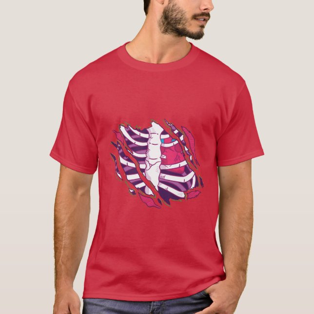 Funny Zombie Ripped Skin Skeleton Flesh Spine Out T-Shirt (Front)
