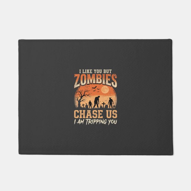 Funny Zombies Halloween Chase Us Design Doormat (Front)