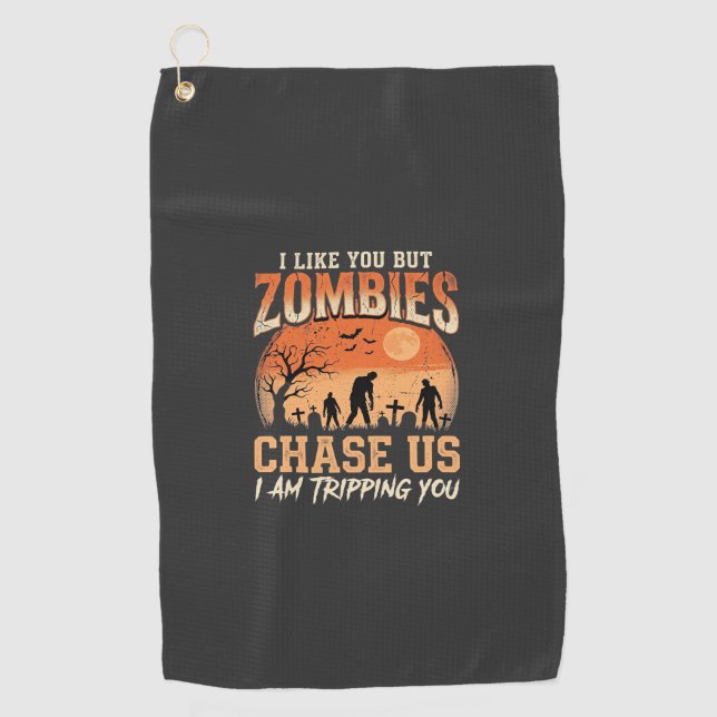 Funny Zombies Halloween Chase Us Design Golf Towel (Front)