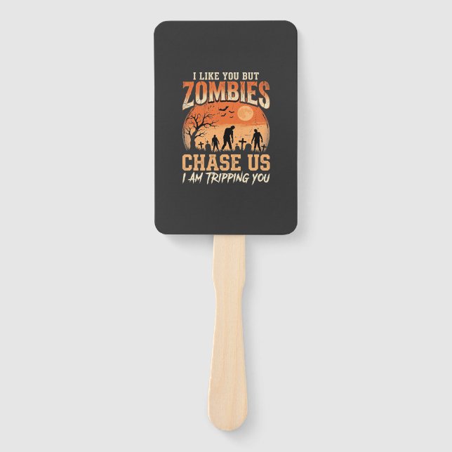 Funny Zombies Halloween Chase Us Design Hand Fan (Front)