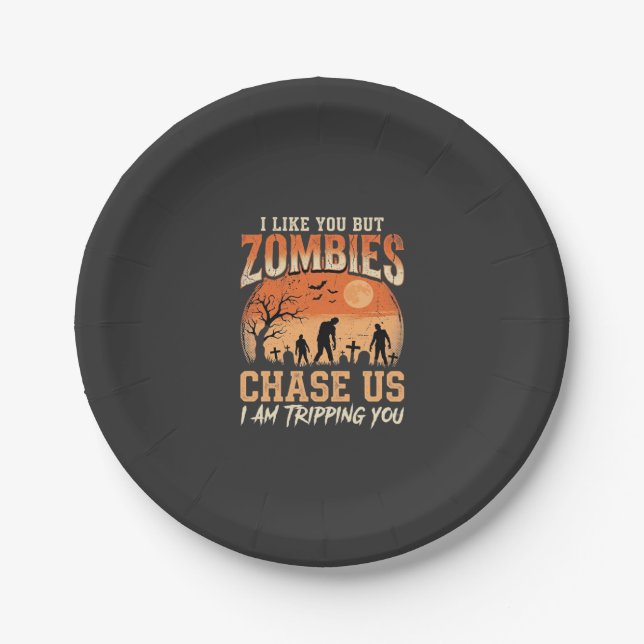 Funny Zombies Halloween Chase Us Design Paper Plate (Front)