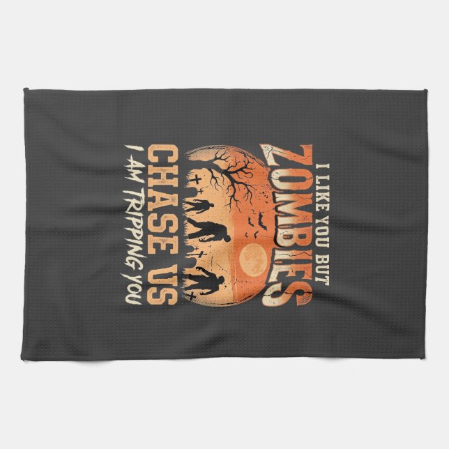 Funny Zombies Halloween Chase Us Design Tea Towel (Horizontal)
