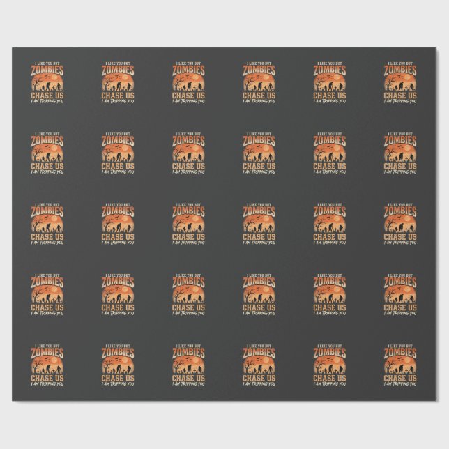 Funny Zombies Halloween Chase Us Design Wrapping Paper (Flat)