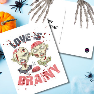 Funny Zombies Love Is Brainy Halloween Postcard